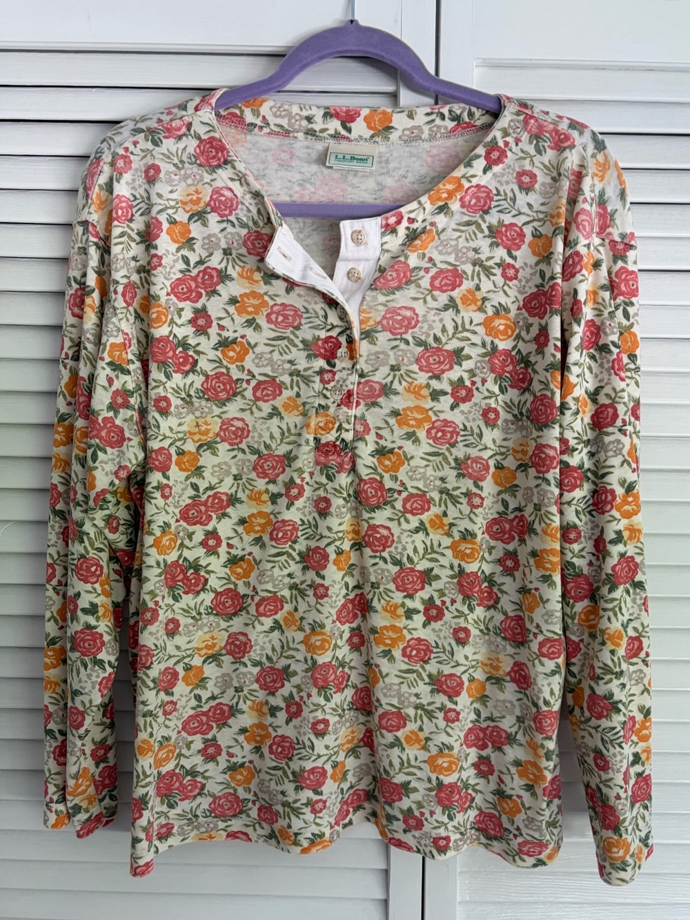 LL Bean Brushed Cotton Knit 5-Button Flowered Top